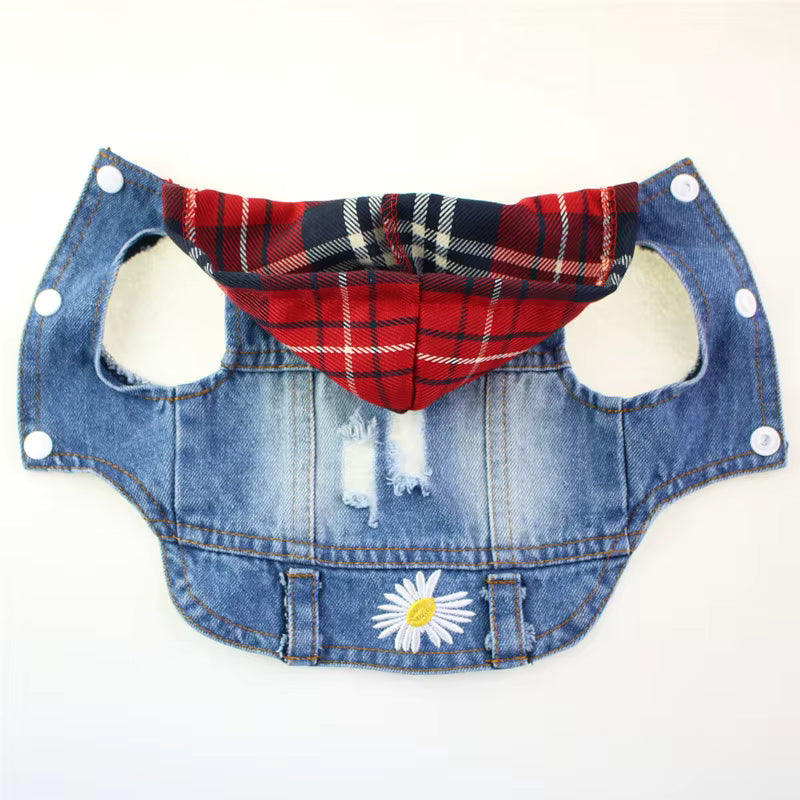 Distressed Denim Vest, Plaid Hoodie, Back, Daisy