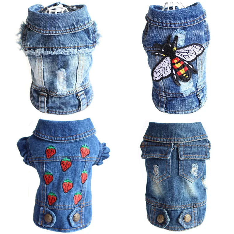 Distressed Denim Vest, Bee, Strawberries
