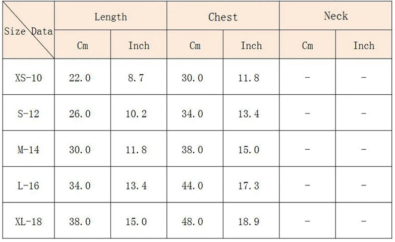 XLEIPET Sweatshirt, Size Chart