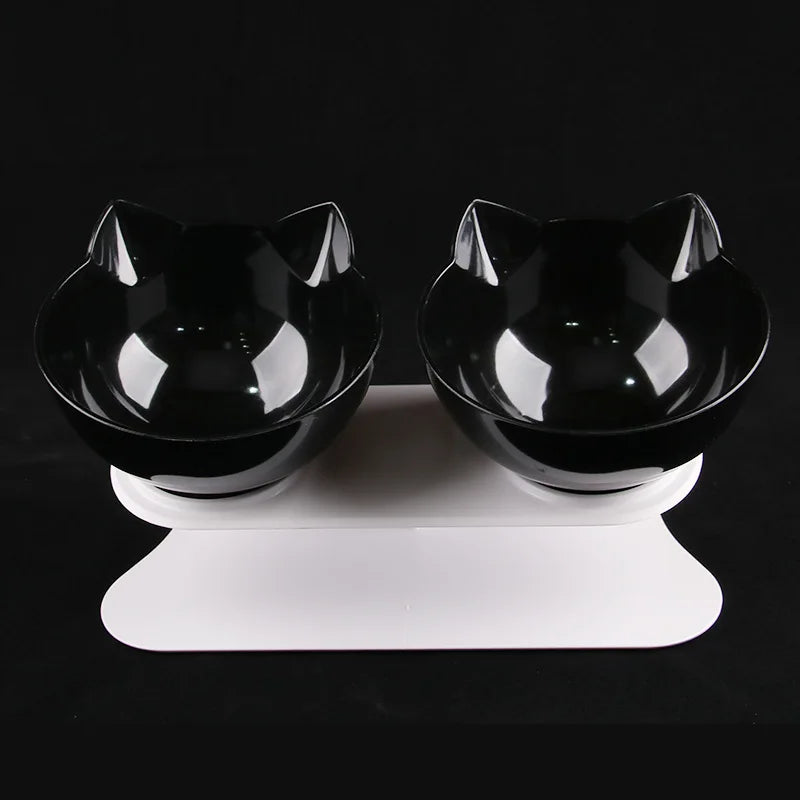 Inclined Cat Face Bowl, Black, Double