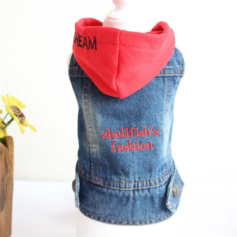 Distressed Denim Vest, Red Hoodie