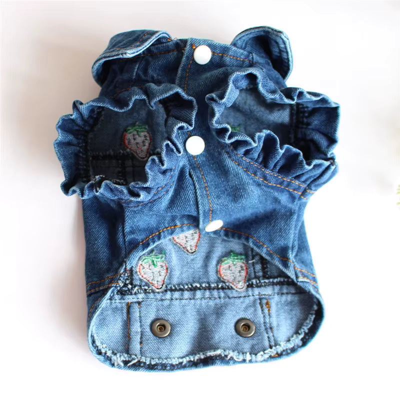 Distressed Denim Vest, Strawberries, Ruffles, Front