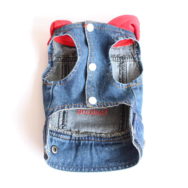 Distressed Denim Vest, Red Hoodie, Front Buttons