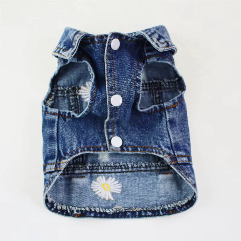 Distressed Denim Vest, Daisies, Button, Front