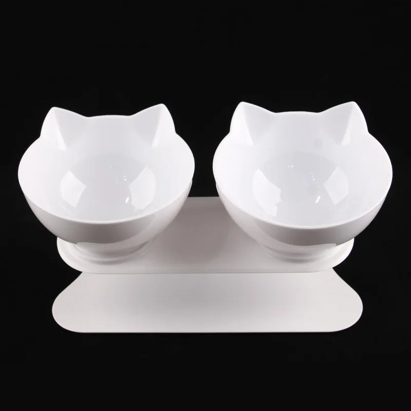 Inclined Cat Face Bowl, White, Double