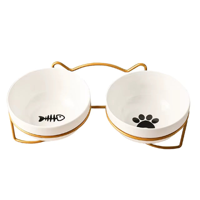 Poursweet Ceramic Bowl with Elevated Stand, Gold, Paw, Fish