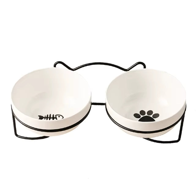 Poursweet Ceramic Bowl with Elevated Stand, Black, Fish, Paw