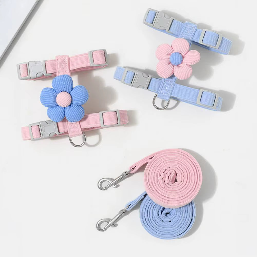 Petal Design Collar with Harness & Leash, Blue & Pink