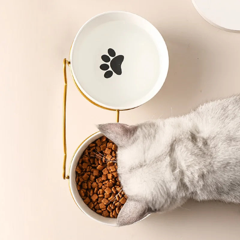 Poursweet Ceramic Bowl with Elevated Stand, Double, Gold, Paw