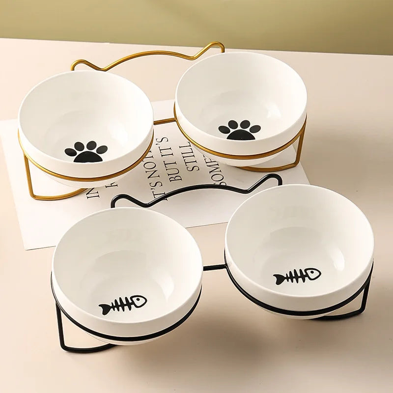 Poursweet Ceramic Bowl with Elevated Stand , Gold, Black, Paws, Fish